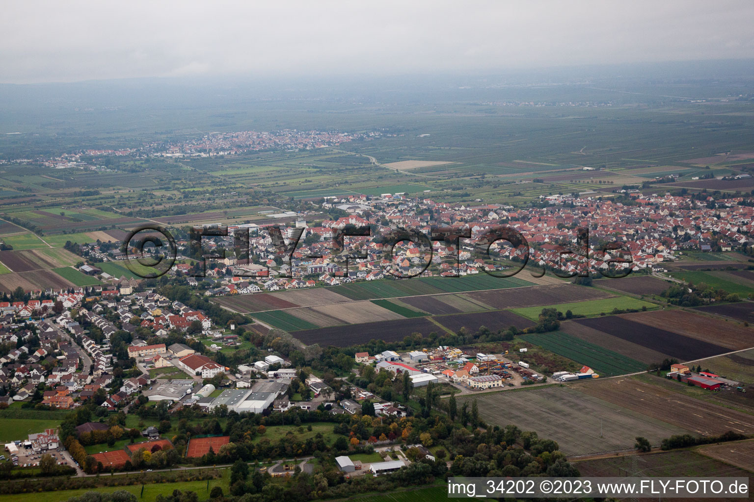 Aerial view of Lambsheim in the state Rhineland-Palatinate, Germany