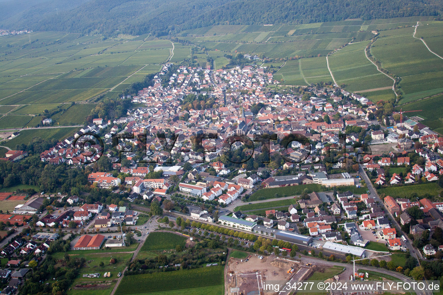 Aerial view of Town View of the streets and houses of the residential areas in Deidesheim in the state Rhineland-Palatinate