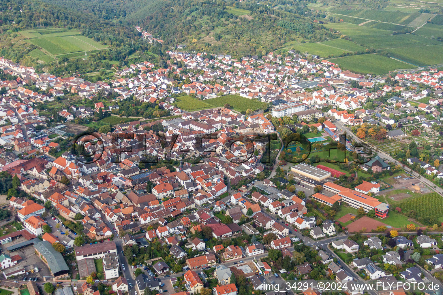 Aerial photograpy of Town View of the streets and houses of the residential areas in Wachenheim an der Weinstrasse in the state Rhineland-Palatinate, Germany