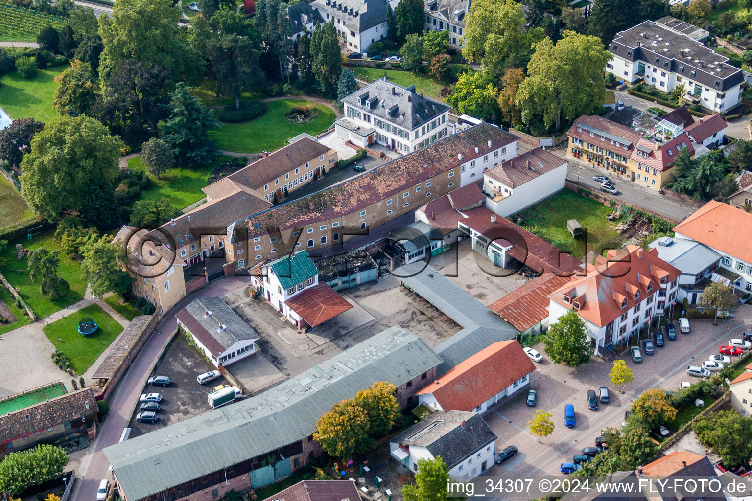 Aerial view of Buildings and parks at the mansion of the wine cellar Weingut Dr. Buerklin-Wolf in Wachenheim an der Weinstrasse in the state Rhineland-Palatinate, Germany