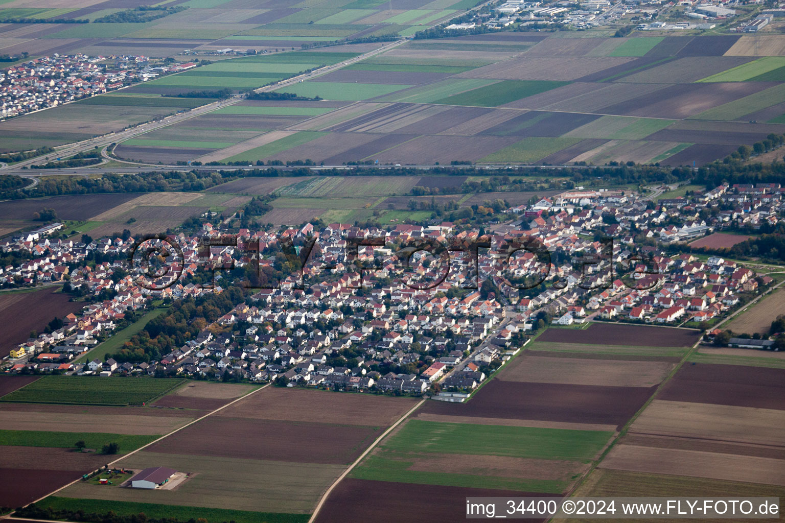 Aerial view of Heßheim in the state Rhineland-Palatinate, Germany