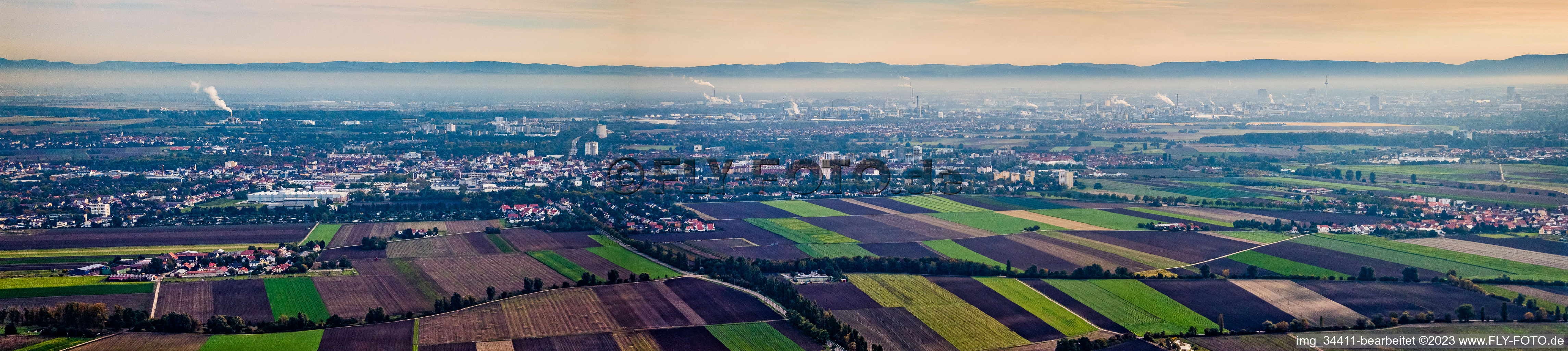 Aerial view of Panorama from the west in Frankenthal in the state Rhineland-Palatinate, Germany