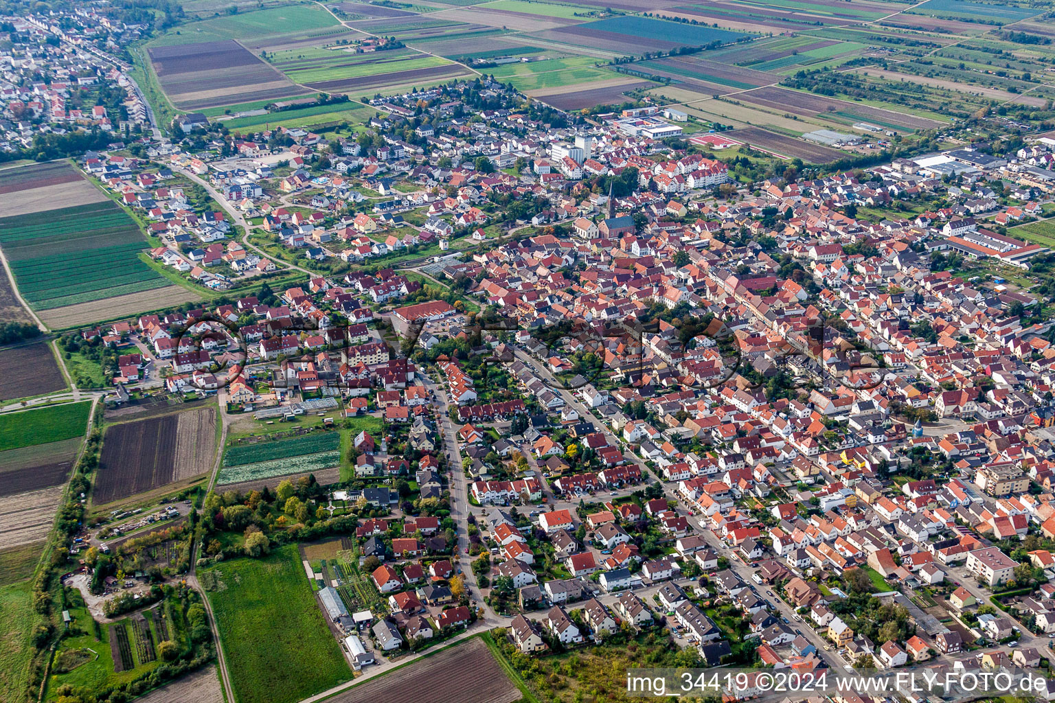 Oblique view of Town View of the streets and houses of the residential areas in Lambsheim in the state Rhineland-Palatinate, Germany