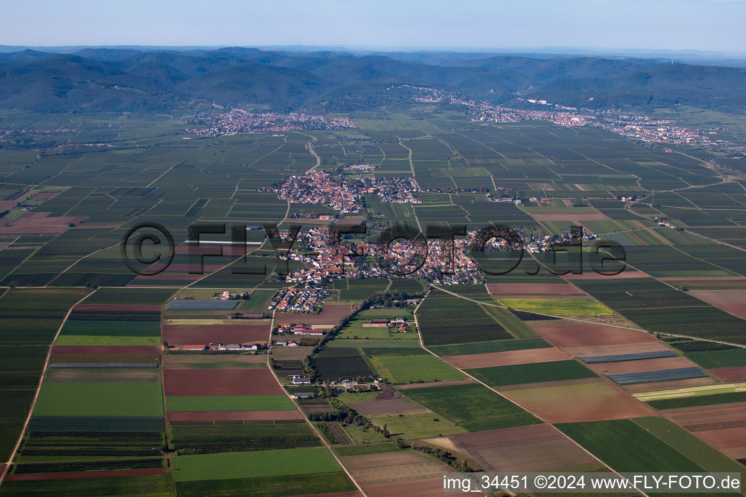 Aerial view of Village - view on the edge of agricultural fields and farmland in Goennheim in the state Rhineland-Palatinate, Germany