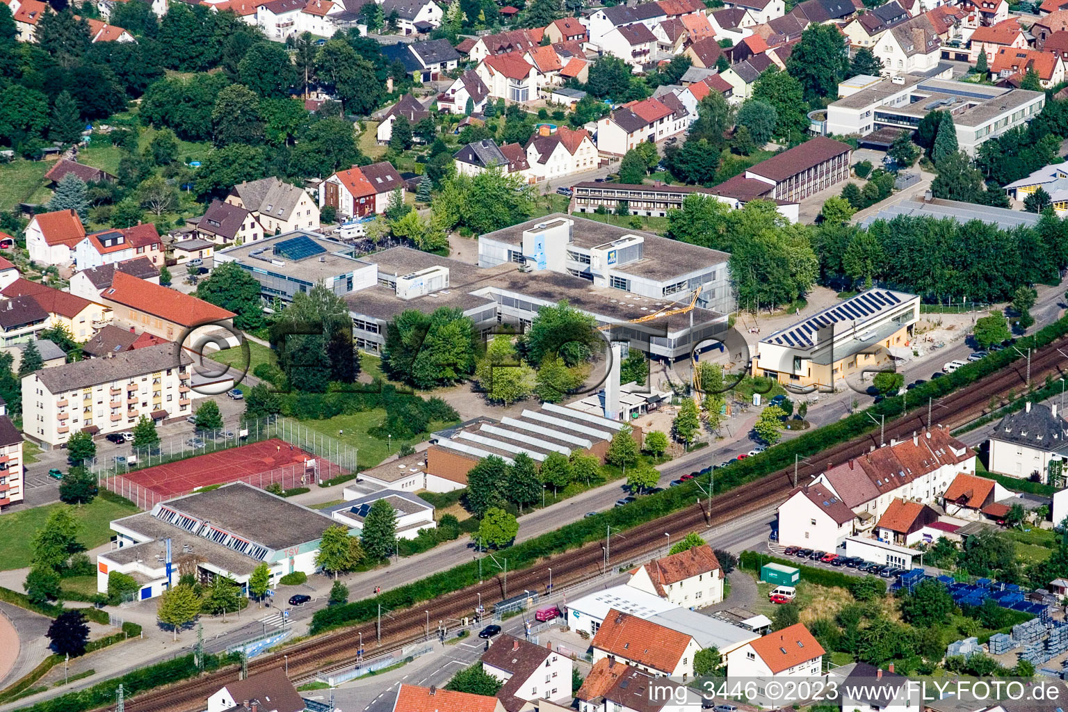 Drone image of School building of the Ludwig-Marum-Gymnasium Pfinztal in the district Berghausen in Pfinztal in the state Baden-Wurttemberg