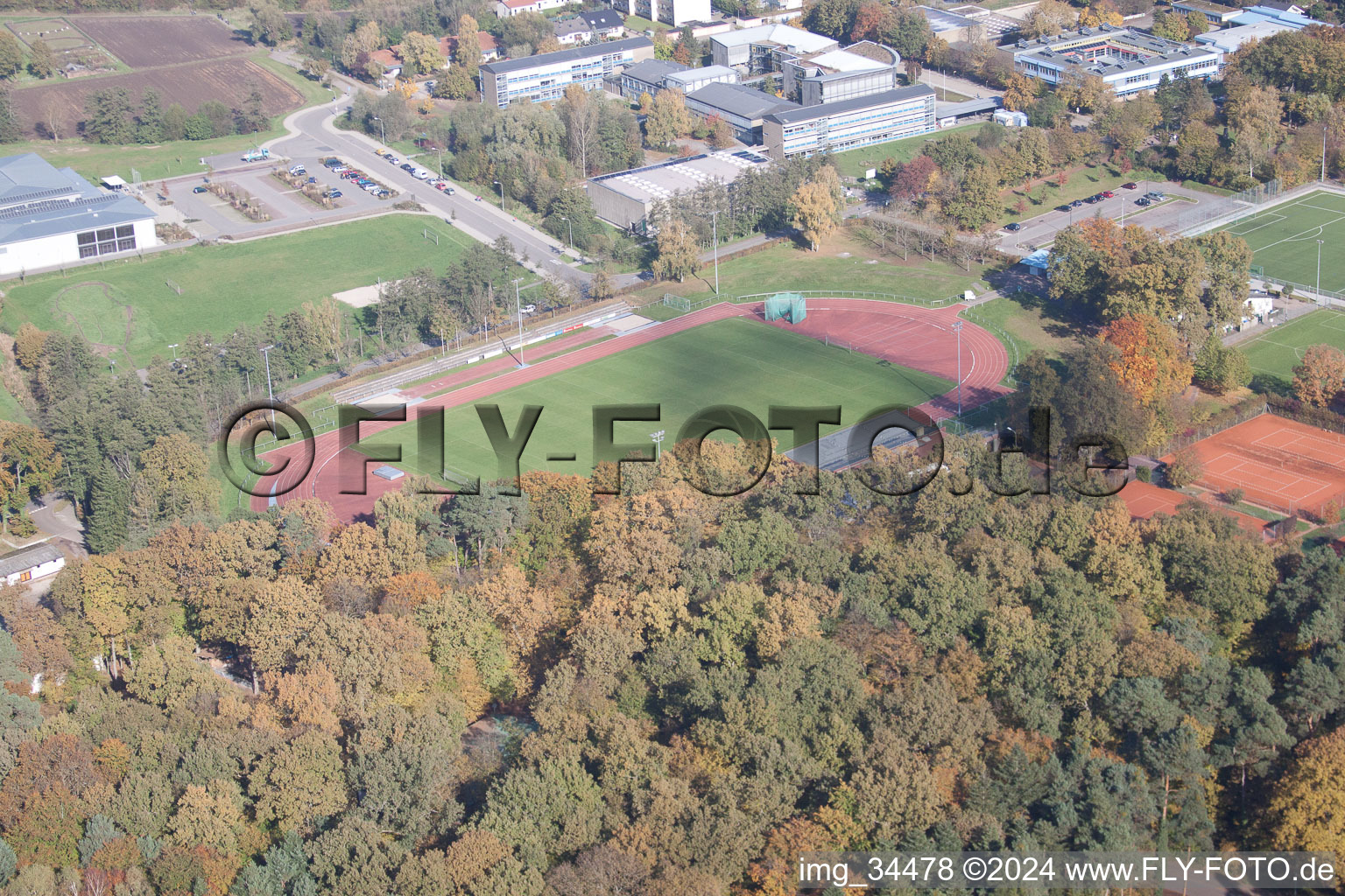 Aerial view of Bienwald Stadium in Kandel in the state Rhineland-Palatinate, Germany