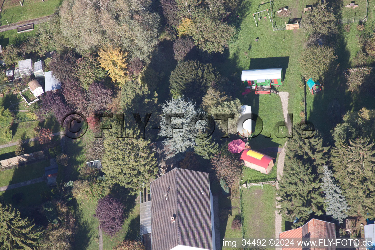 Aerial view of Saarstrasse Villa Kunterbunt in Kandel in the state Rhineland-Palatinate, Germany