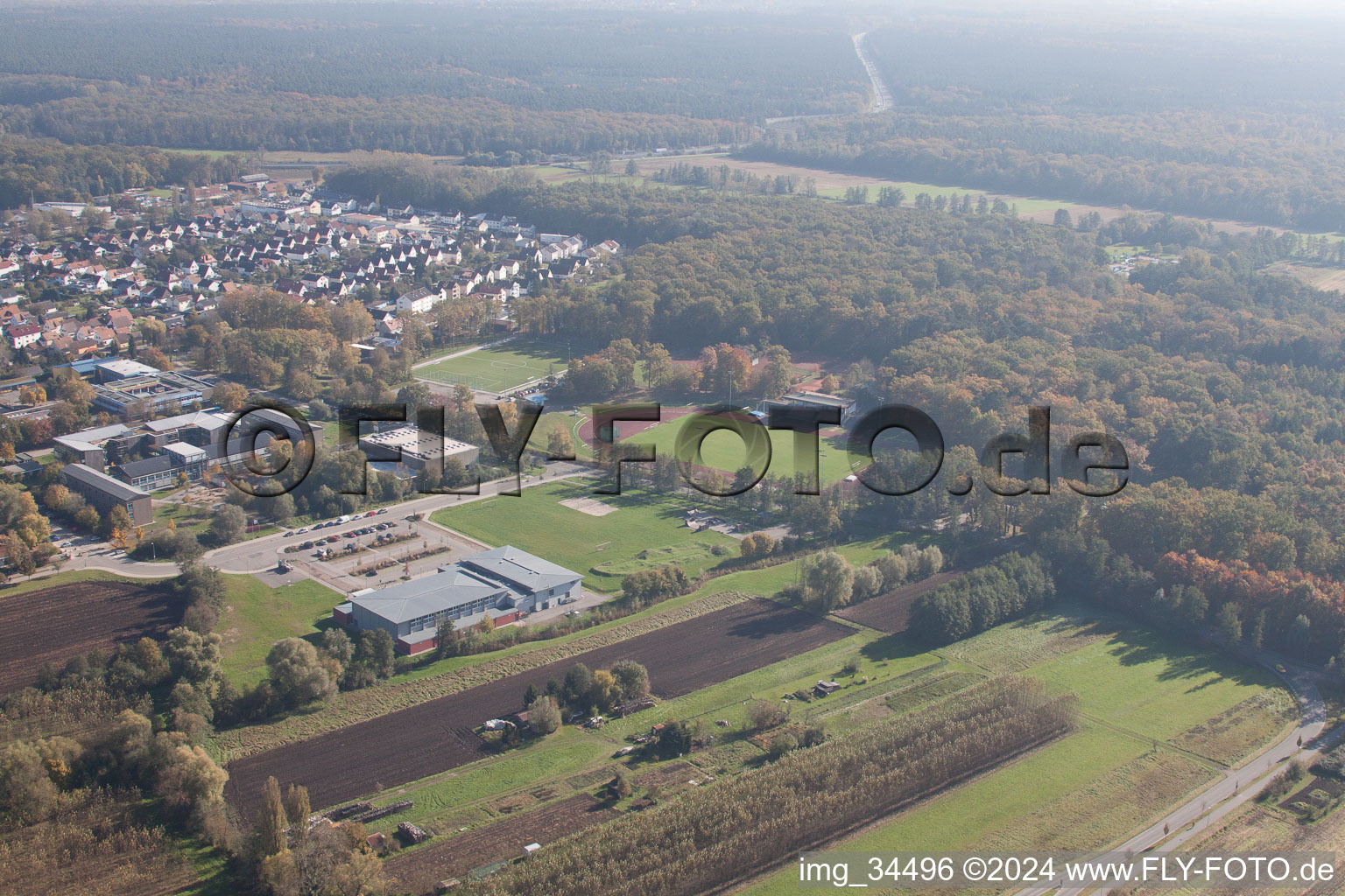 Bird's eye view of Bienwald Stadium in Kandel in the state Rhineland-Palatinate, Germany