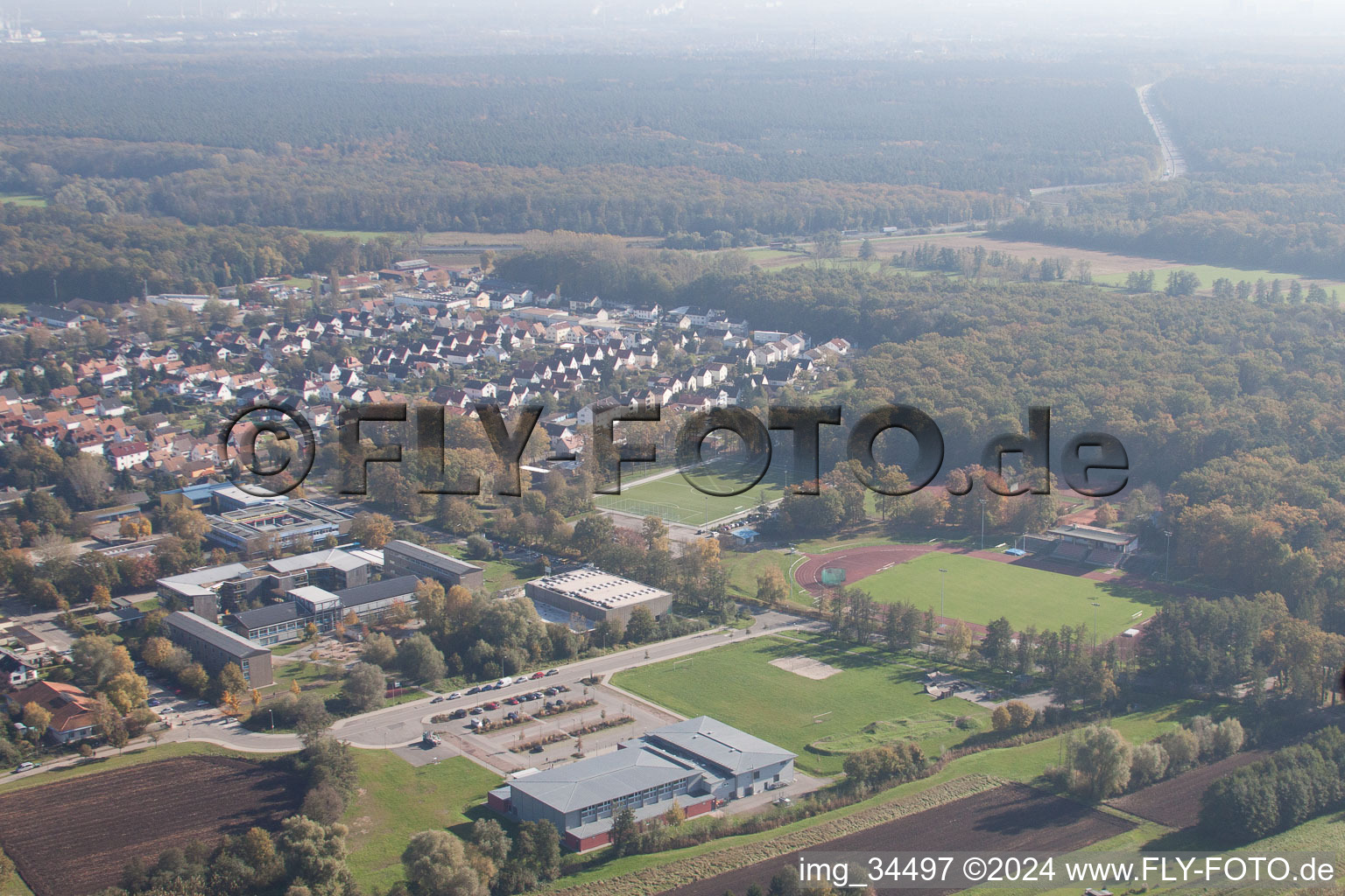 Bienwald Stadium in Kandel in the state Rhineland-Palatinate, Germany viewn from the air