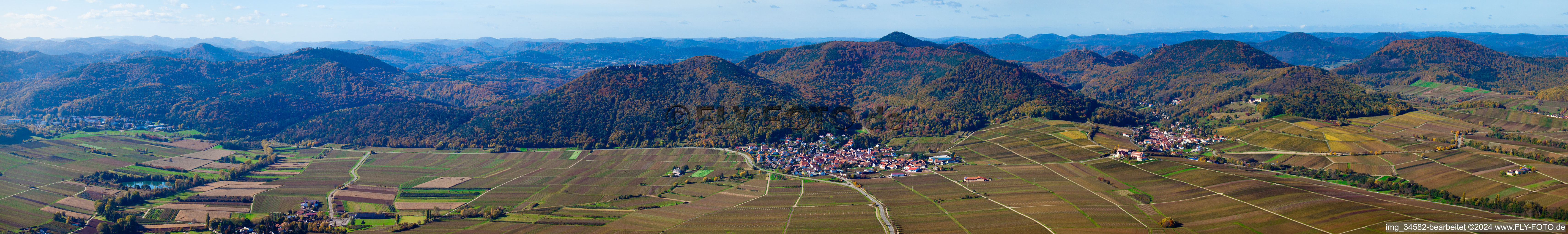 Aerial view of Panoramic perspective Forest and mountain scenery of edge of Haardt of palatinat forestn in Eschbach in the state Rhineland-Palatinate