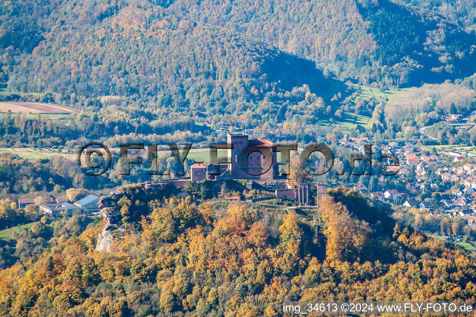 Trifels Castle in Annweiler am Trifels in the state Rhineland-Palatinate, Germany from the drone perspective