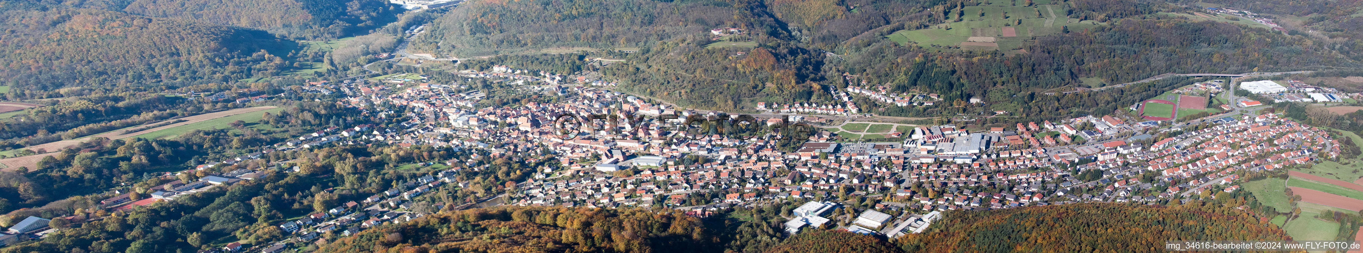 Aerial view of Panorama from the local area and environment in Annweiler am Trifels in the state Rhineland-Palatinate