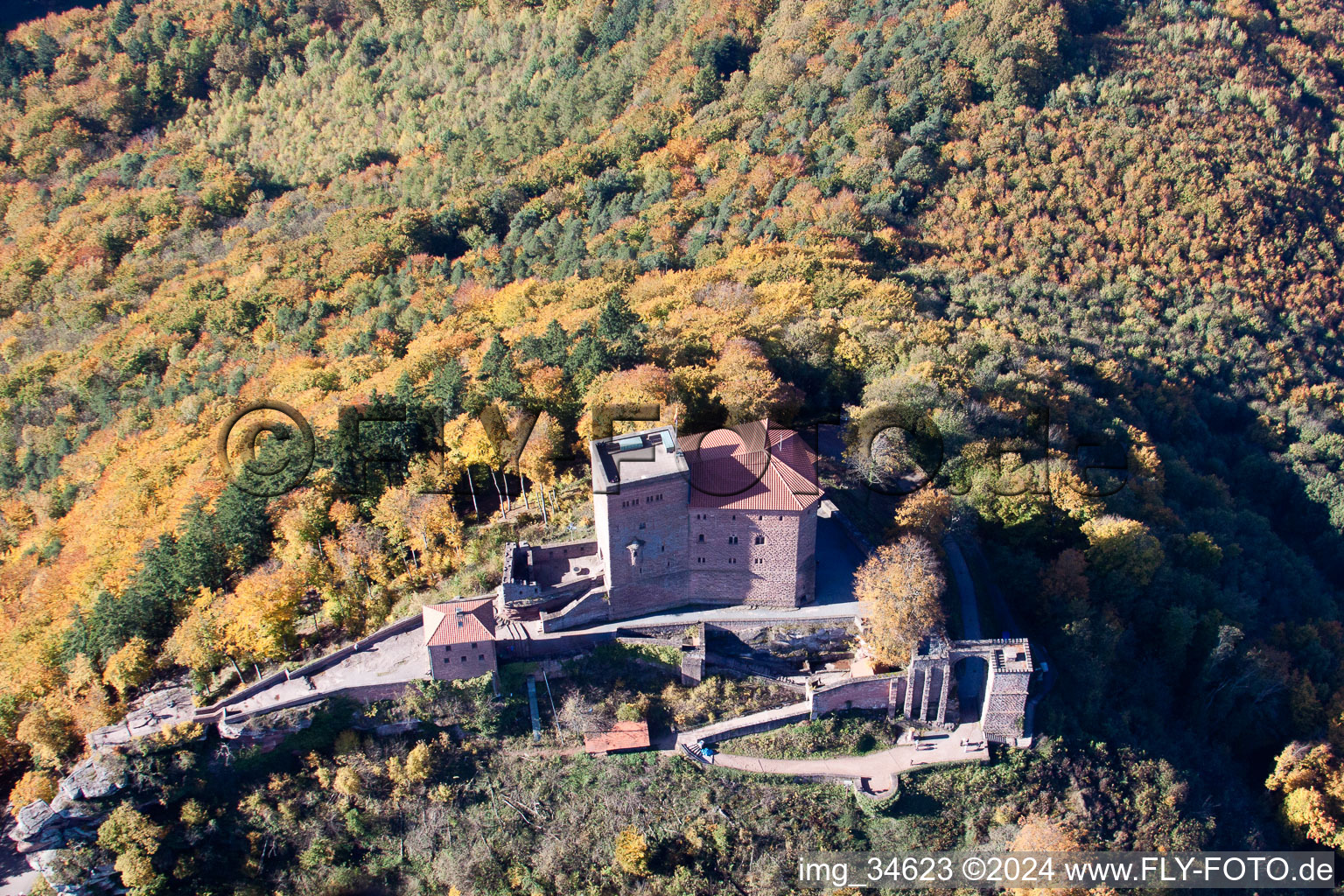 Aerial photograpy of Castle Trifels in Annweiler am Trifels in the state Rhineland-Palatinate