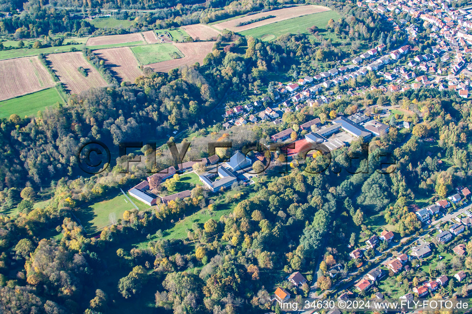 Aerial view of Private Trifels-Gymnasium in Annweiler am Trifels in the state Rhineland-Palatinate, Germany