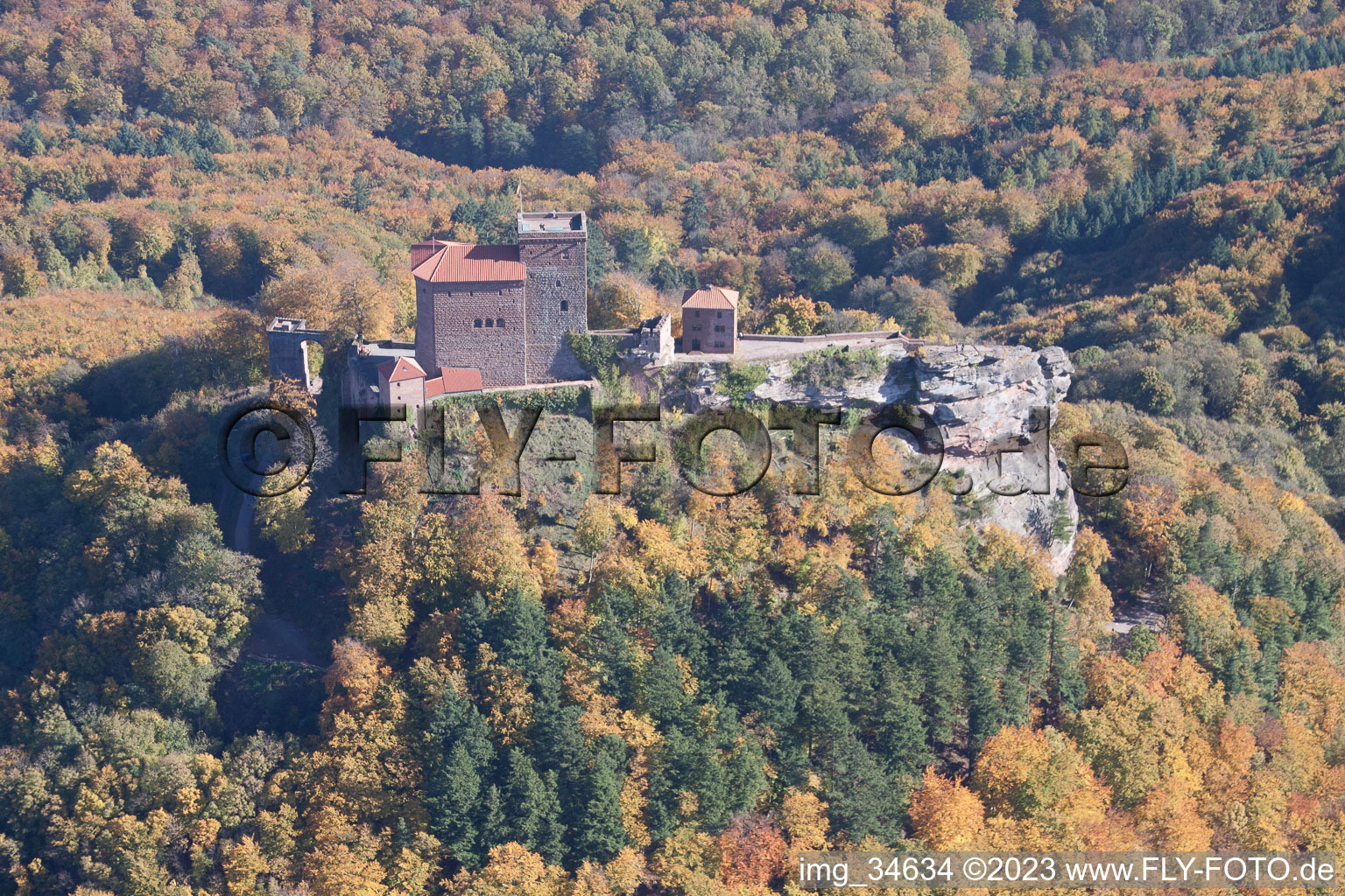 Trifels Castle in Annweiler am Trifels in the state Rhineland-Palatinate, Germany from a drone