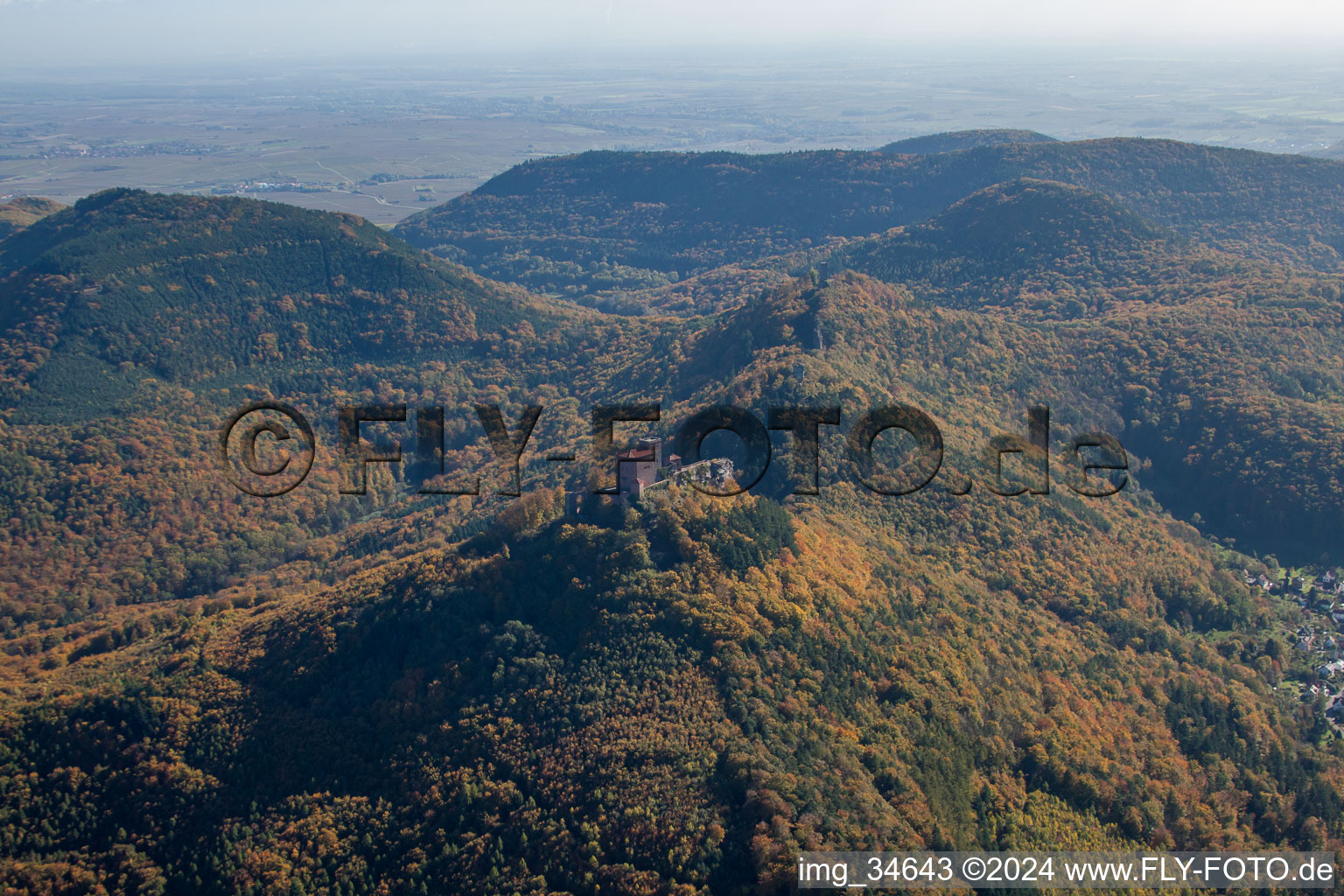 Trifels Castle in Annweiler am Trifels in the state Rhineland-Palatinate, Germany seen from a drone