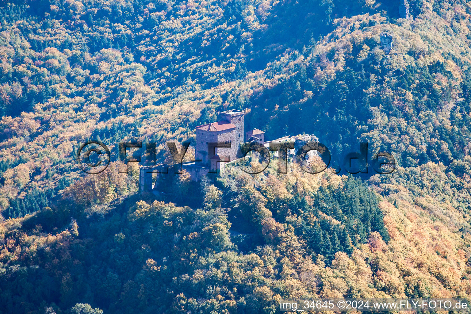 Aerial view of Trifels Castle in Annweiler am Trifels in the state Rhineland-Palatinate, Germany