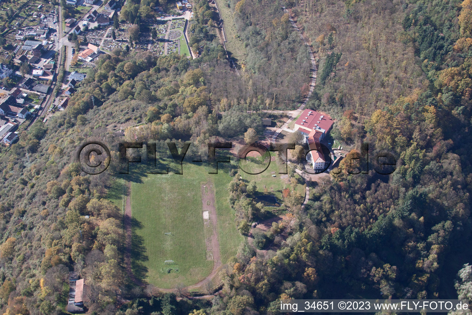 Aerial view of Palatinate Gymnastics Youth Home in Annweiler am Trifels in the state Rhineland-Palatinate, Germany