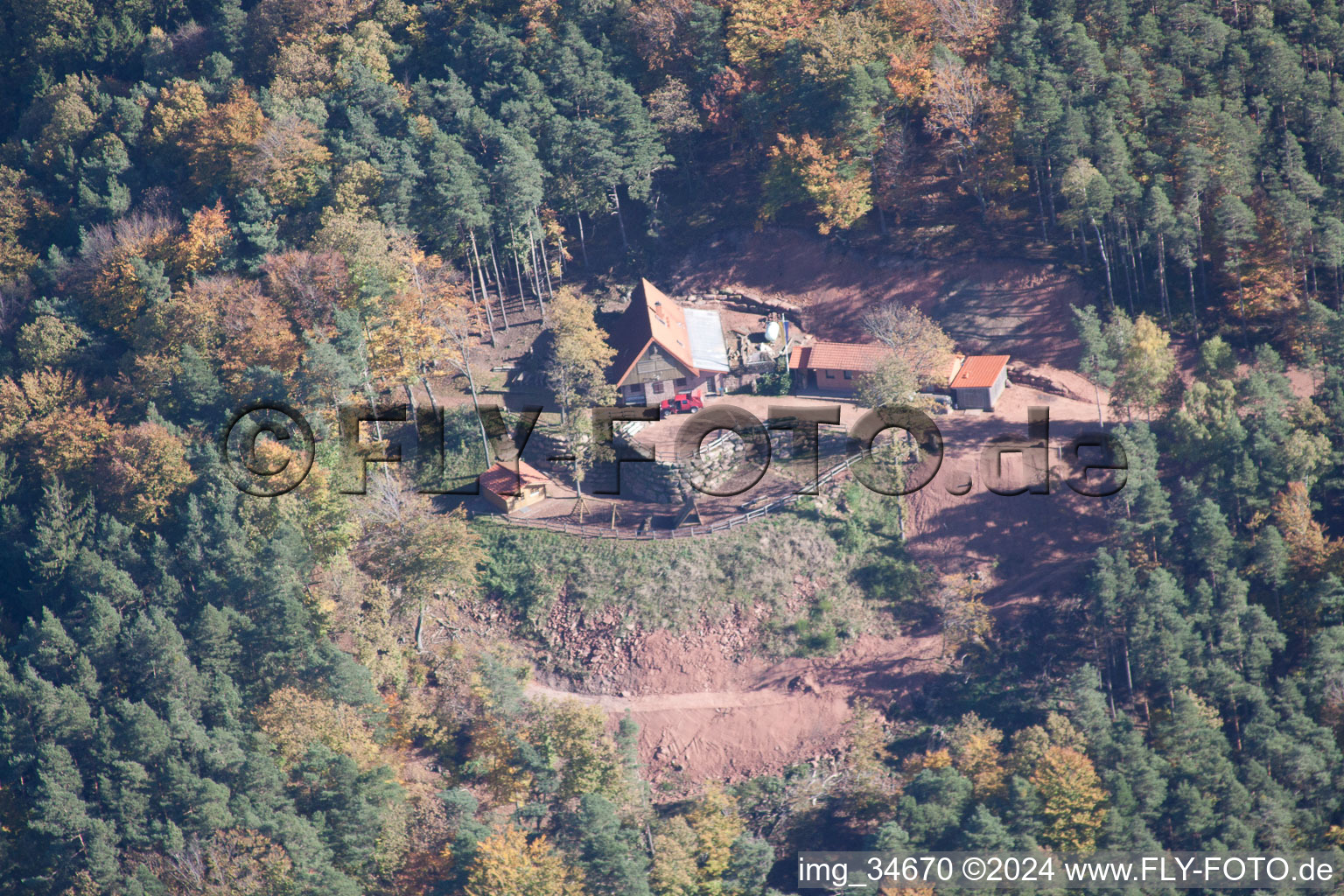 Aerial view of Building of the hostel Jung-Pfalz-Hut in Annweiler am Trifels in the state Rhineland-Palatinate