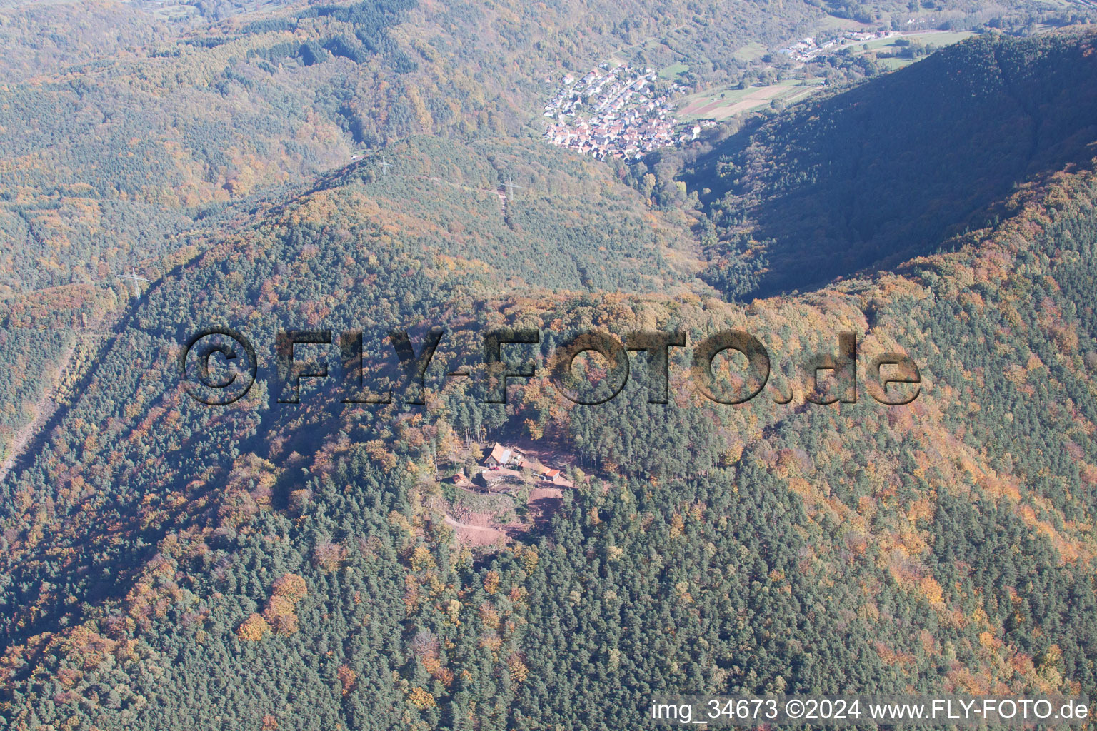 Aerial photograpy of Building of the hostel Jung-Pfalz-Hut in Annweiler am Trifels in the state Rhineland-Palatinate