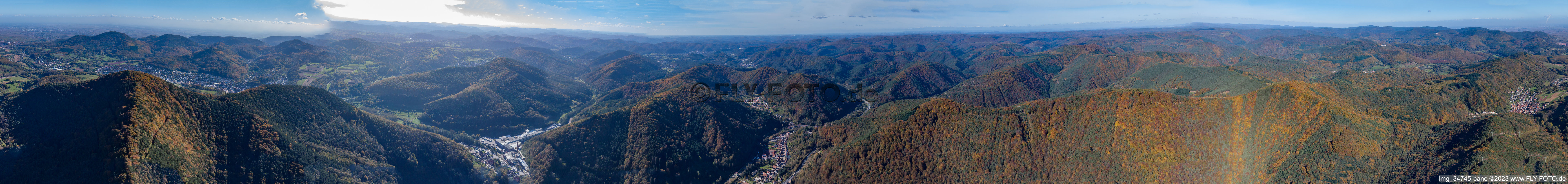 Aerial view of Palatinate panorama Queichtal to the west in Rinnthal in the state Rhineland-Palatinate, Germany