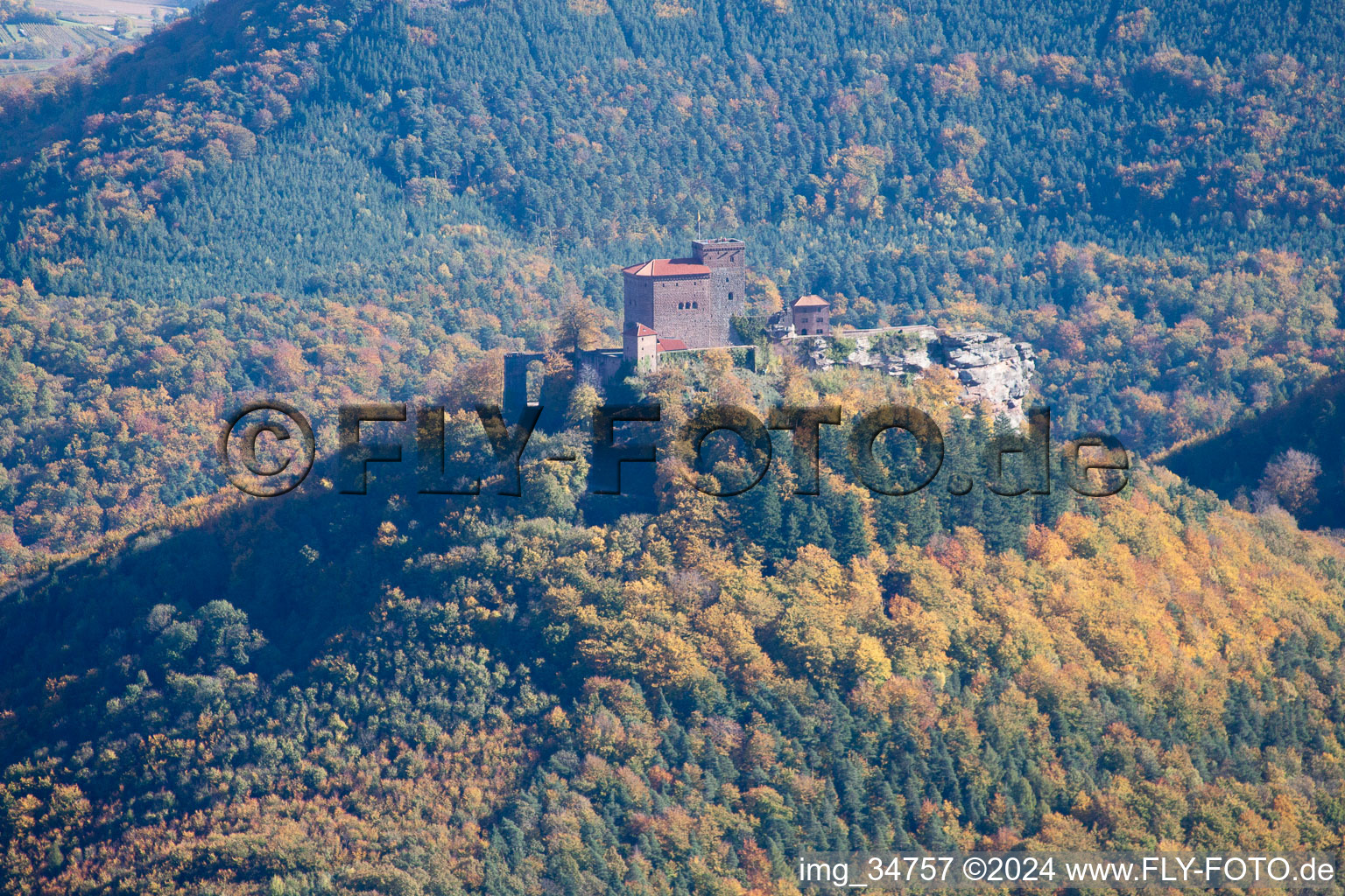 Aerial photograpy of Trifels Castle in Annweiler am Trifels in the state Rhineland-Palatinate, Germany