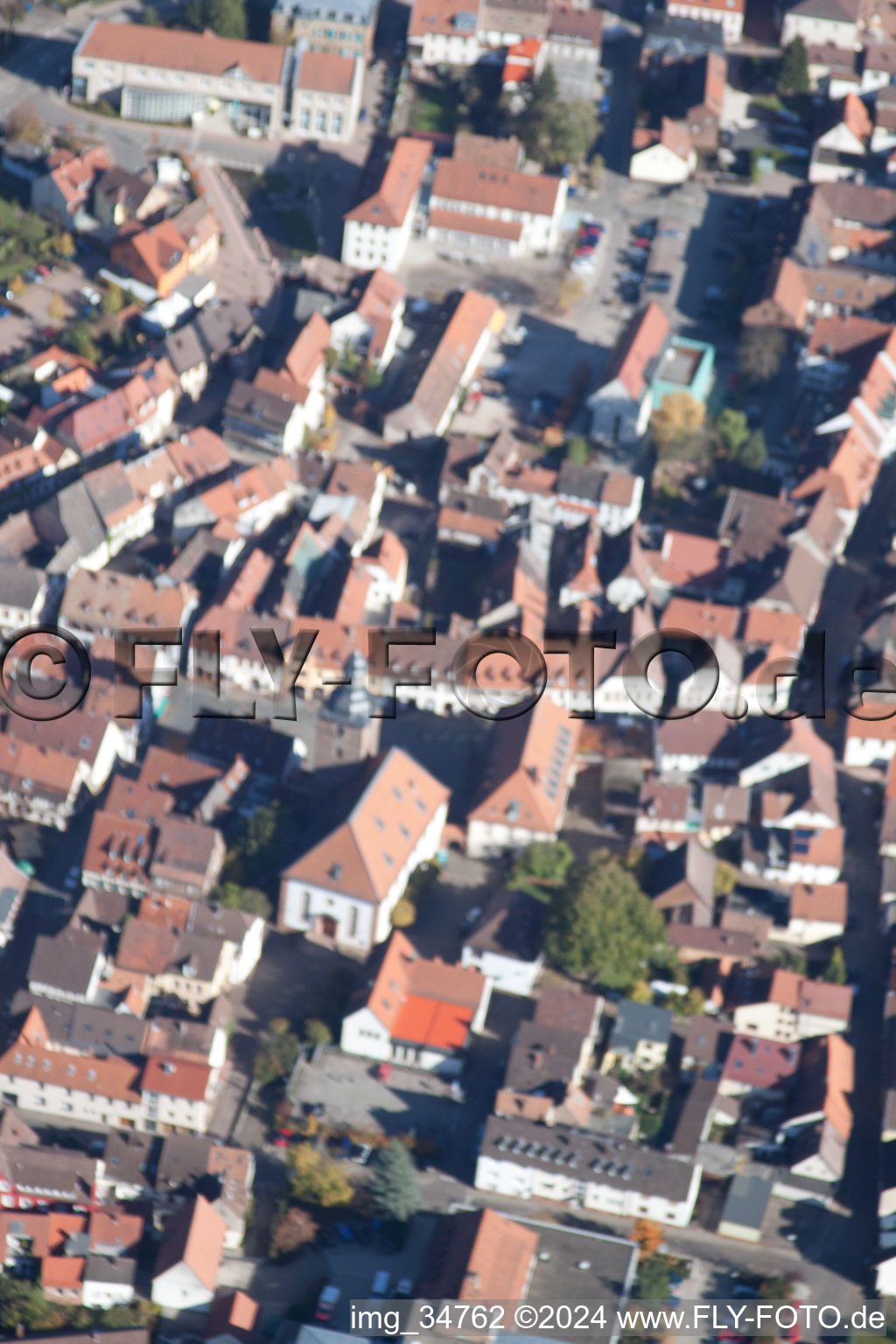 Town View of the streets and houses of the residential areas in Annweiler am Trifels in the state Rhineland-Palatinate from above