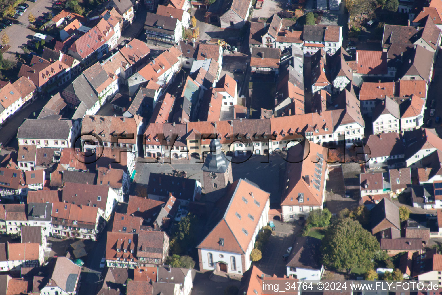 Aerial view of City Church in Annweiler am Trifels in the state Rhineland-Palatinate, Germany