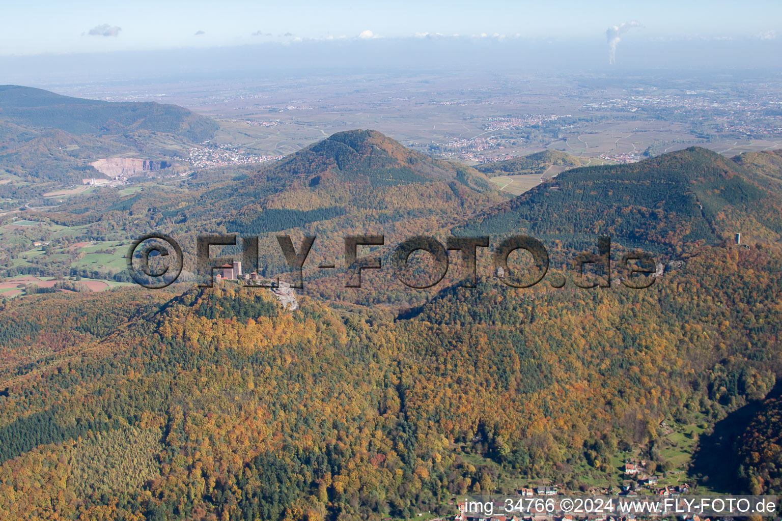 Aerial view of The 4 castles Trifels, Anebos, Jungturm and Münz in Leinsweiler in the state Rhineland-Palatinate, Germany