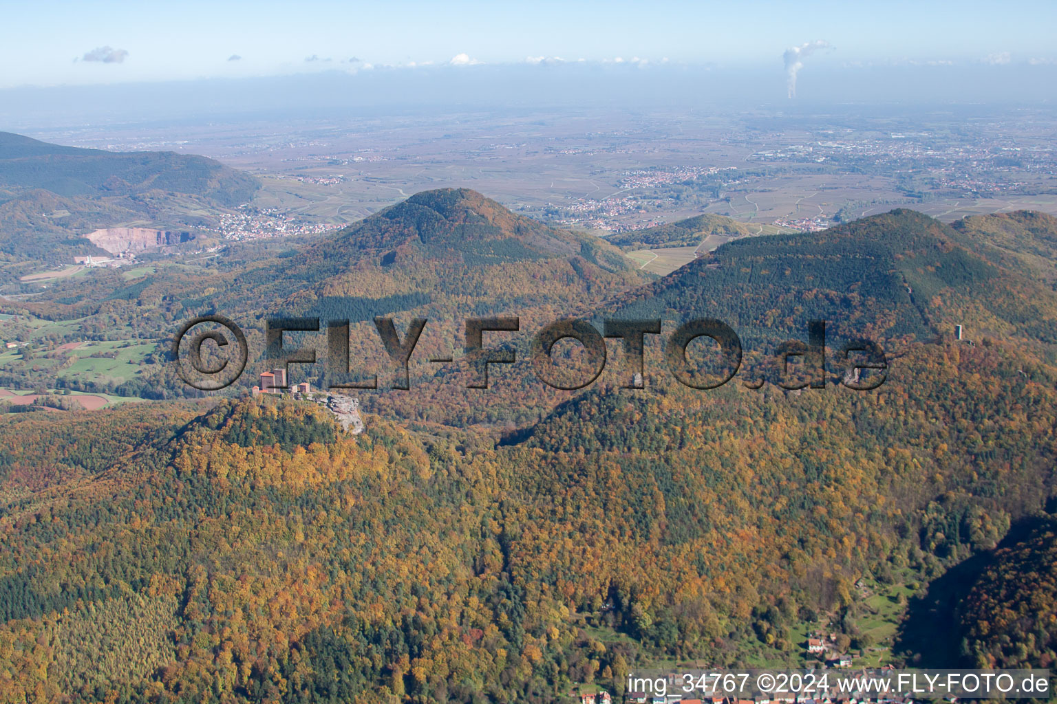 Aerial photograpy of The 4 castles Trifels, Anebos, Jungturm and Münz in Leinsweiler in the state Rhineland-Palatinate, Germany