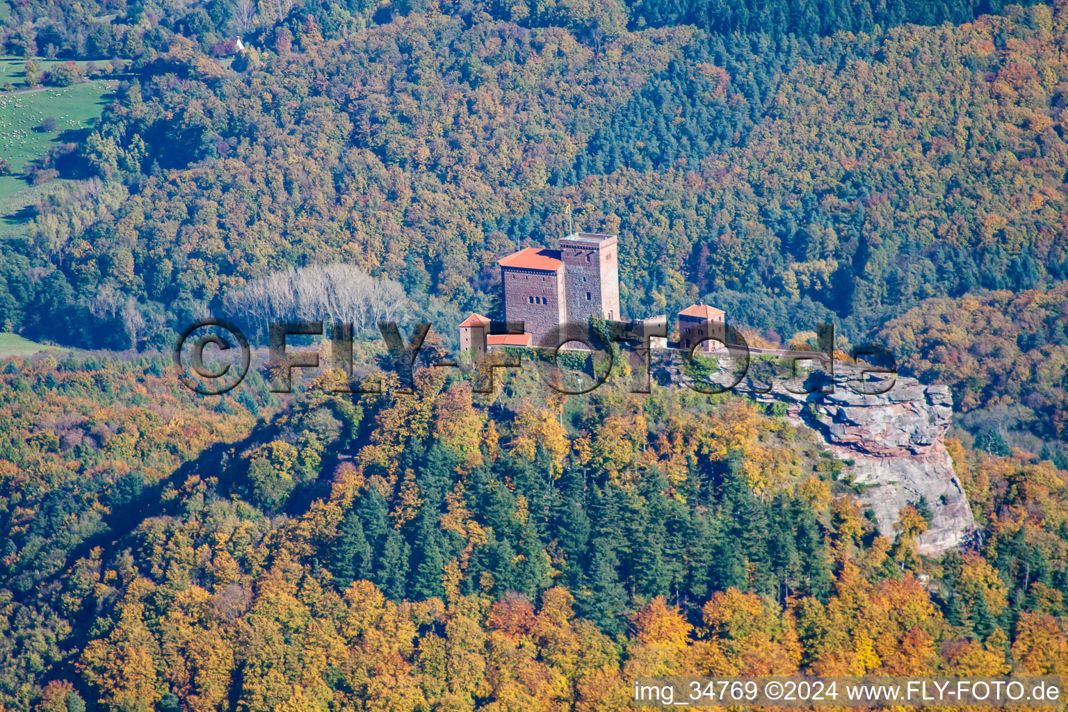 Trifels Castle in the district Bindersbach in Annweiler am Trifels in the state Rhineland-Palatinate, Germany from the plane