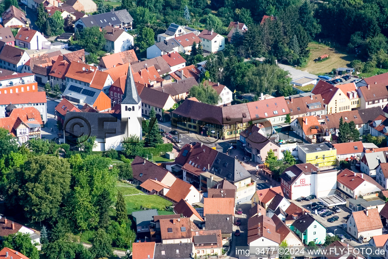 Aerial view of St. Martin's Church in the district Berghausen in Pfinztal in the state Baden-Wuerttemberg, Germany