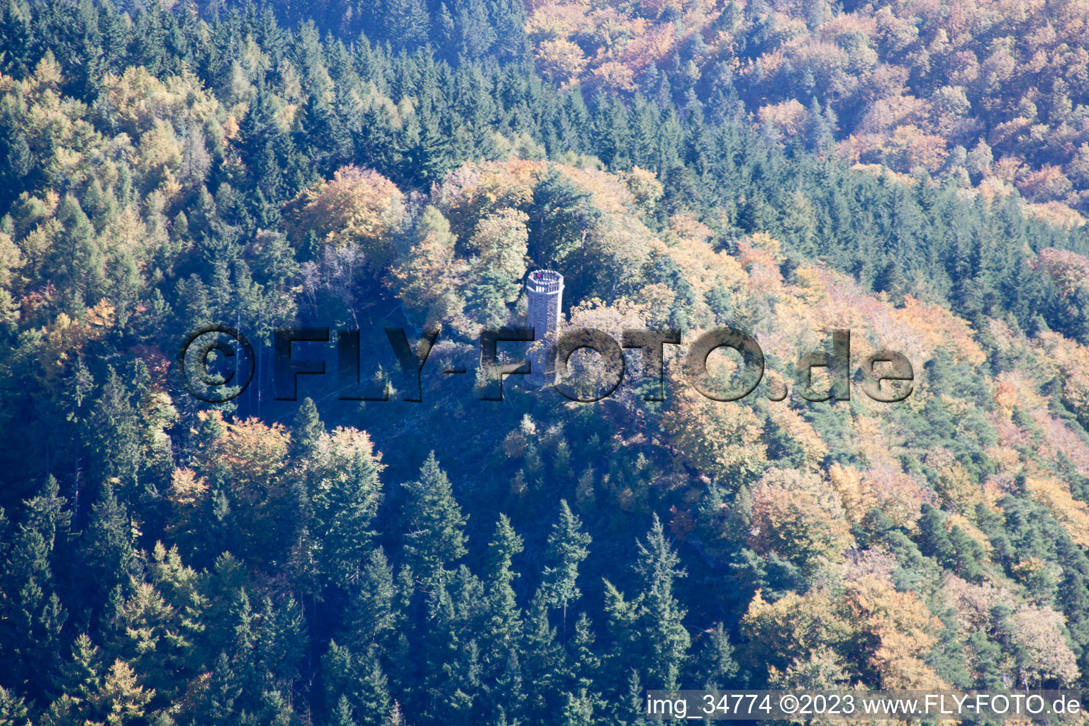 Aerial view of Rehberg tower in Waldrohrbach in the state Rhineland-Palatinate, Germany