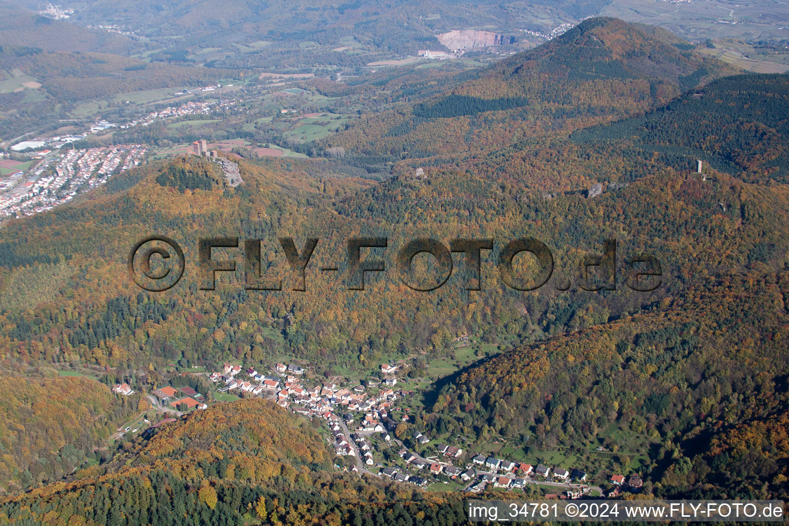 Aerial view of The 3 castles in the district Bindersbach in Annweiler am Trifels in the state Rhineland-Palatinate, Germany