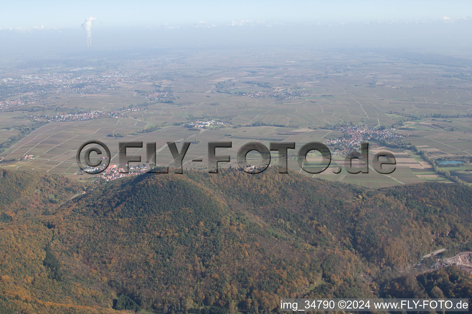 Aerial view of Haardt Panorama behind the Madenburg in Waldhambach in the state Rhineland-Palatinate, Germany