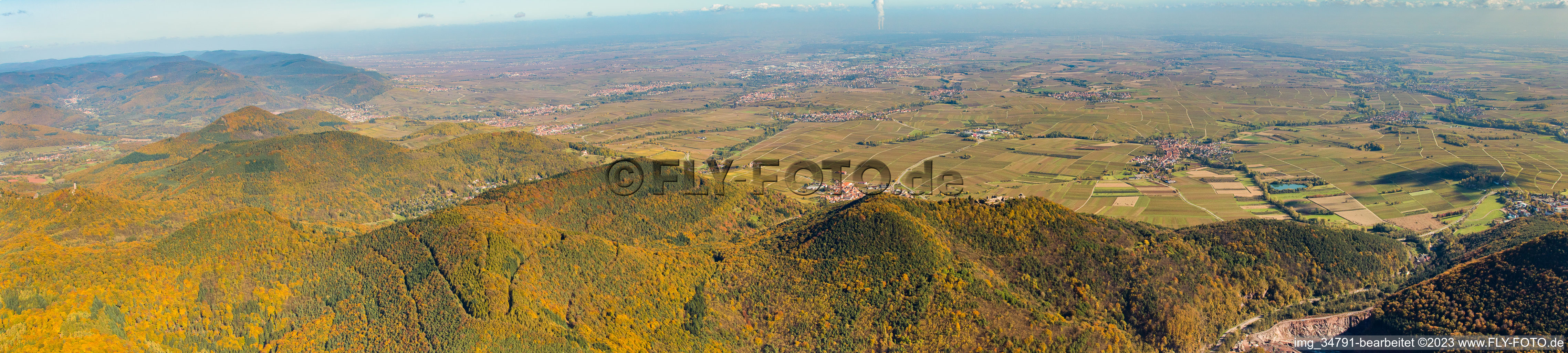 Aerial photograpy of Haardt panorama behind the Madenburg in Waldhambach in the state Rhineland-Palatinate, Germany