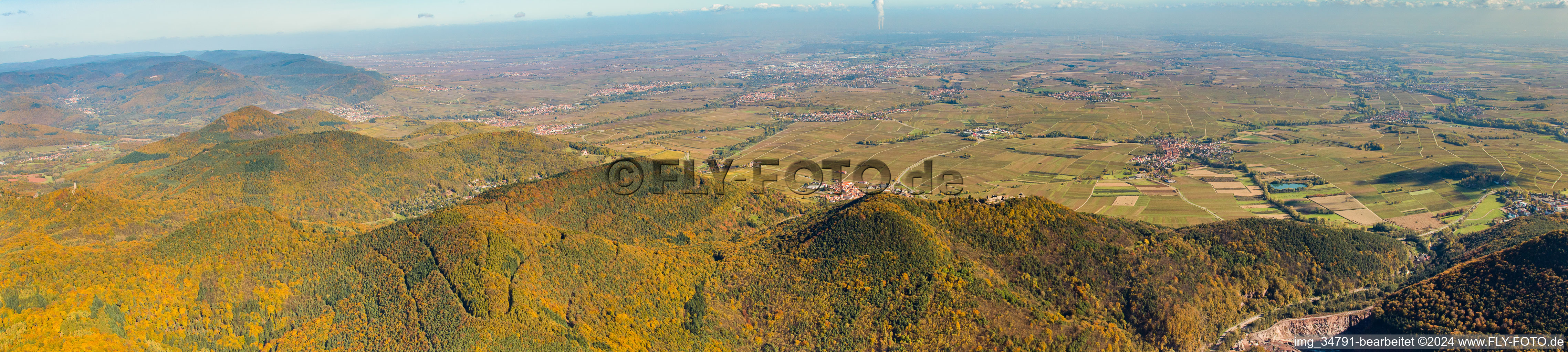 Aerial photograpy of Haardt Panorama behind the Madenburg in Waldhambach in the state Rhineland-Palatinate, Germany