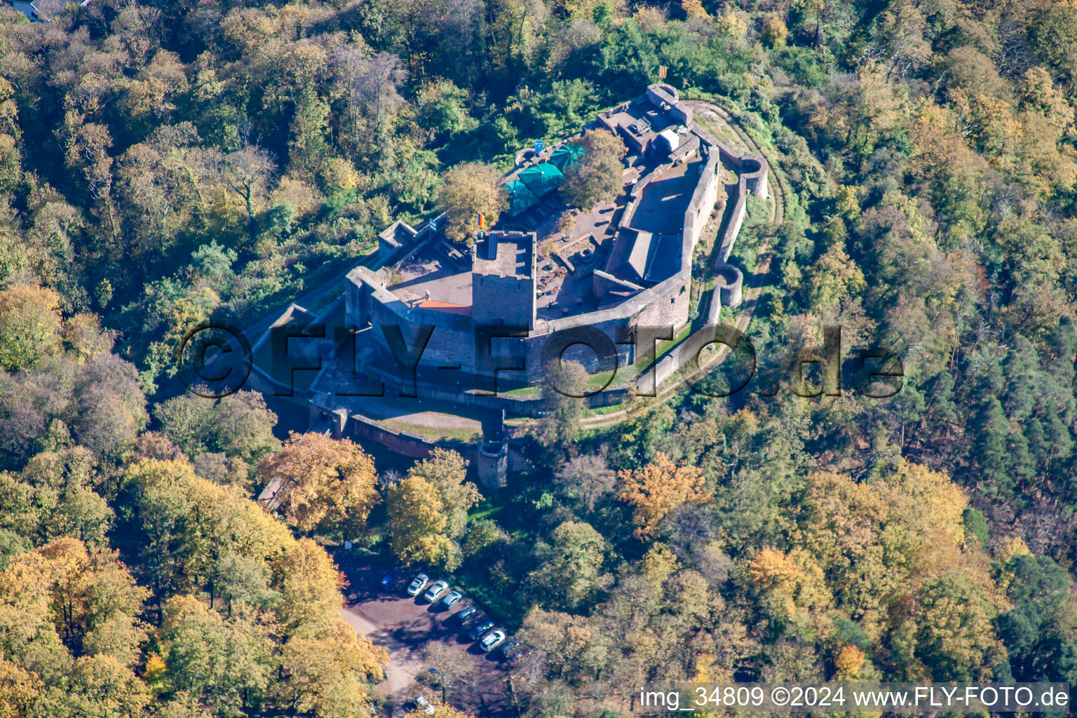 Aerial view of Landeck ruins in Klingenmünster in the state Rhineland-Palatinate, Germany