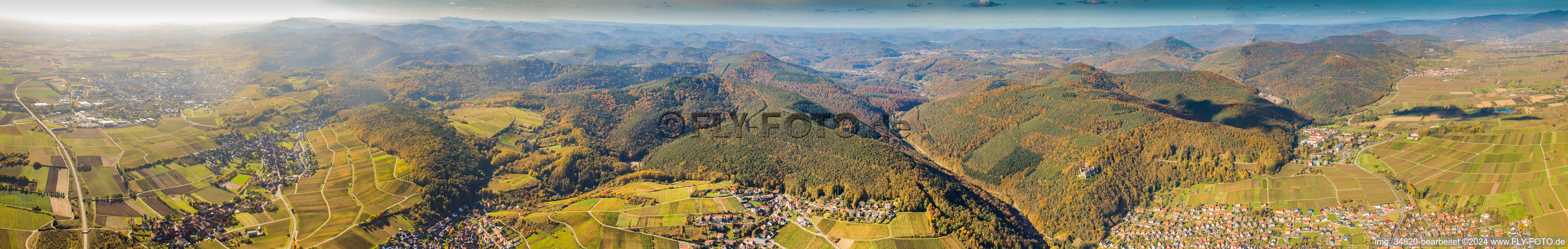 Panoramic perspective of Forest and mountain scenery of Naturpark Pfaelzerwald in Klingenmuenster in the state Rhineland-Palatinate, Germany