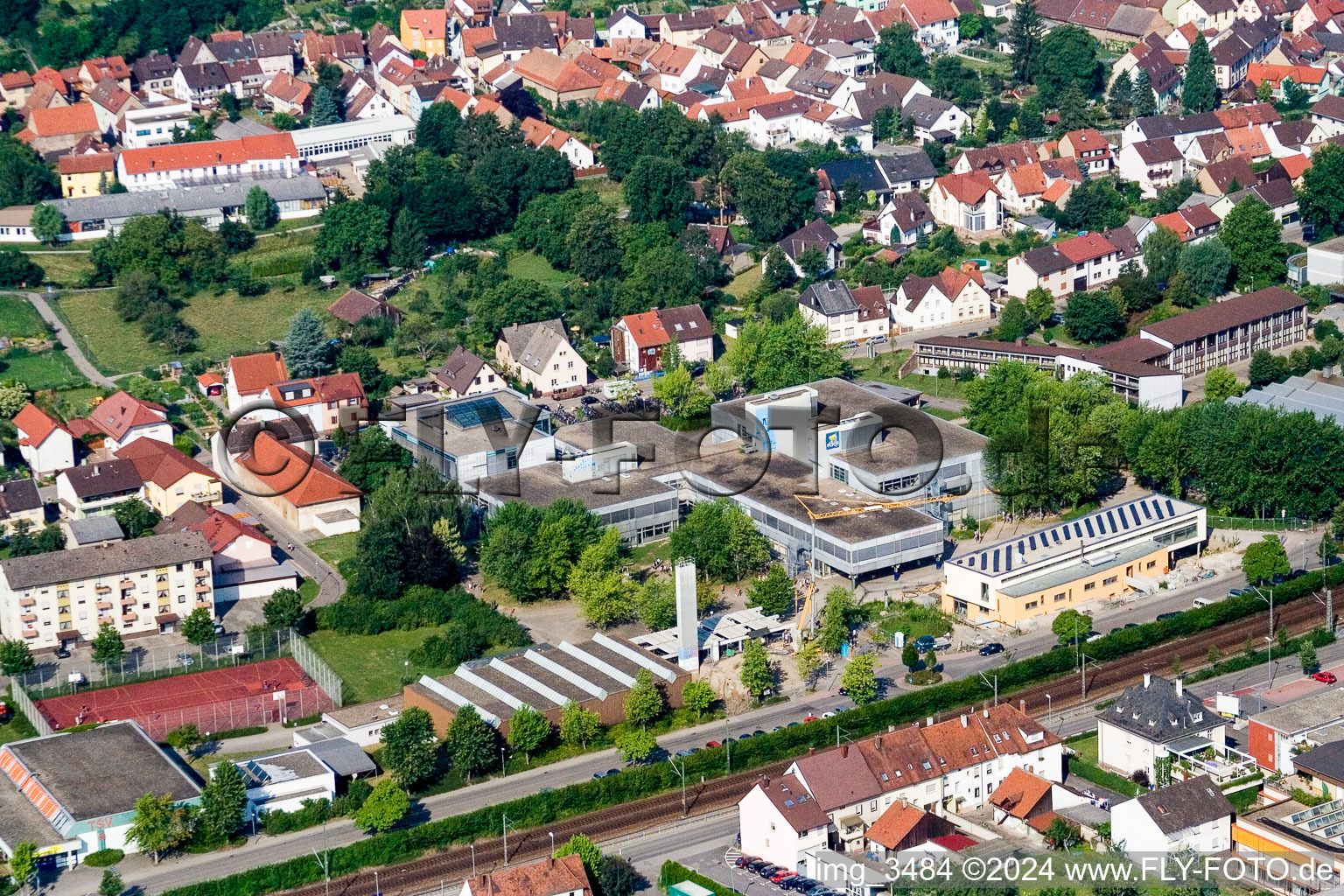 Aerial view of School building of the Ludwig-Marum-Gymnasium Pfinztal in the district Berghausen in Pfinztal in the state Baden-Wurttemberg