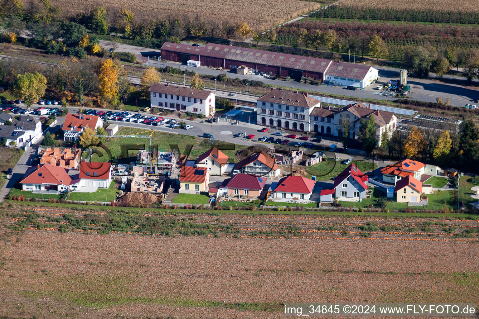 Aerial view of Station railway building of the Deutsche Bahn in Winden in the state Rhineland-Palatinate, Germany