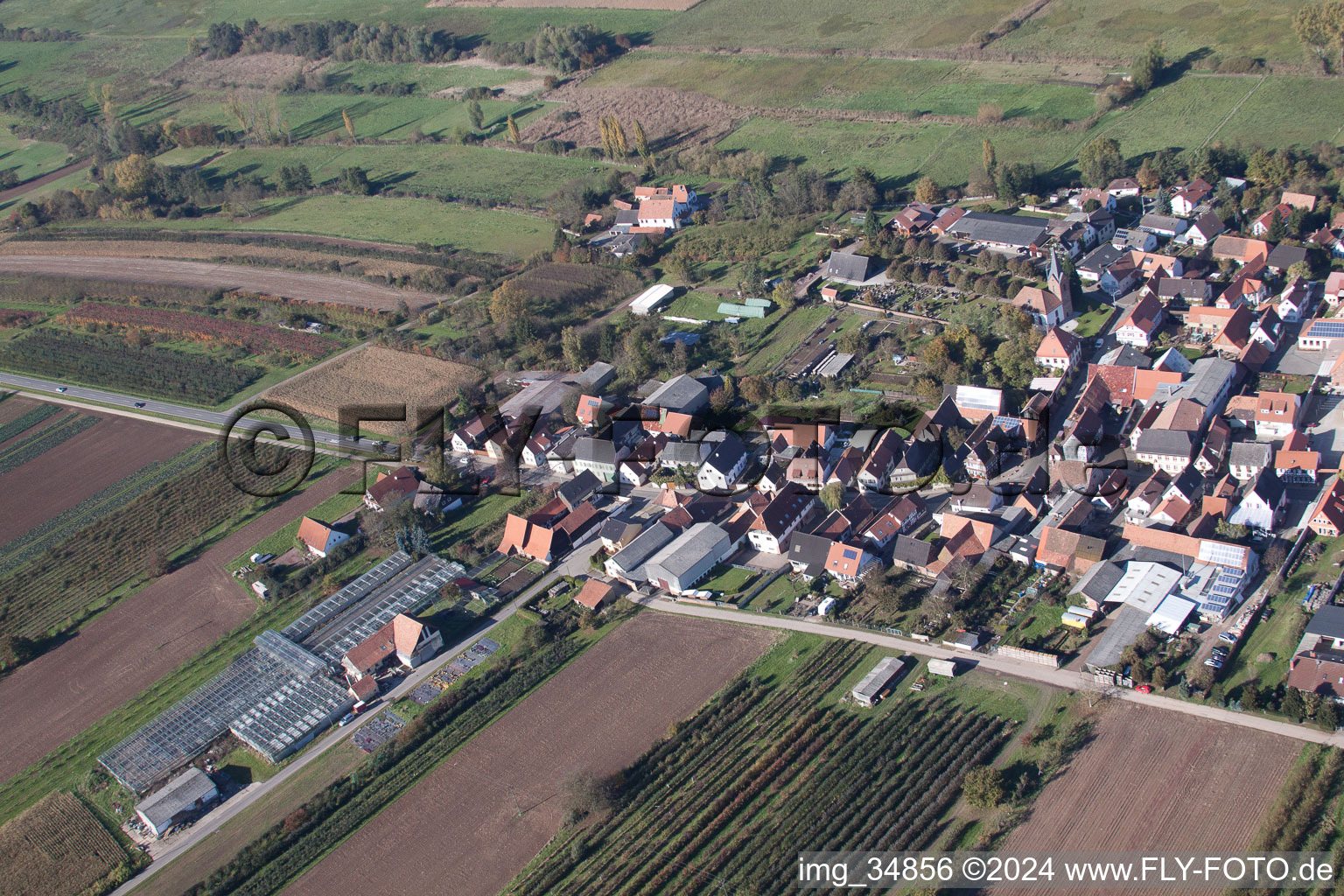 Aerial photograpy of Village - view on the edge of agricultural fields and farmland in Winden in the state Rhineland-Palatinate, Germany