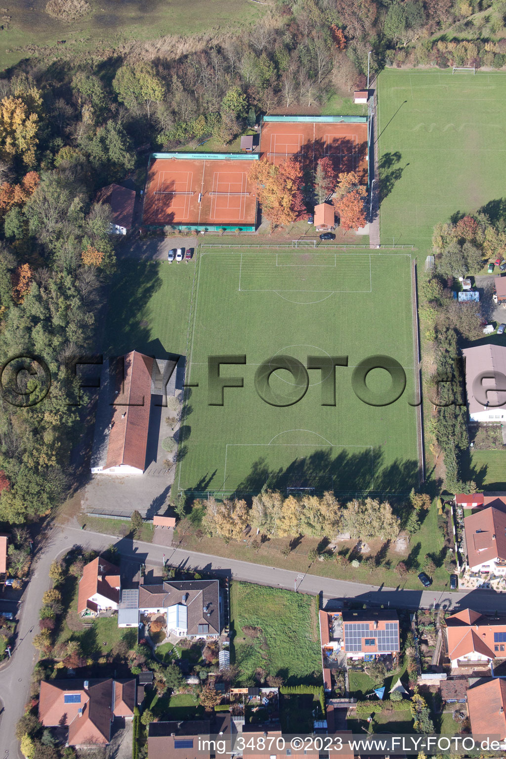Aerial view of Sports fields in Winden in the state Rhineland-Palatinate, Germany