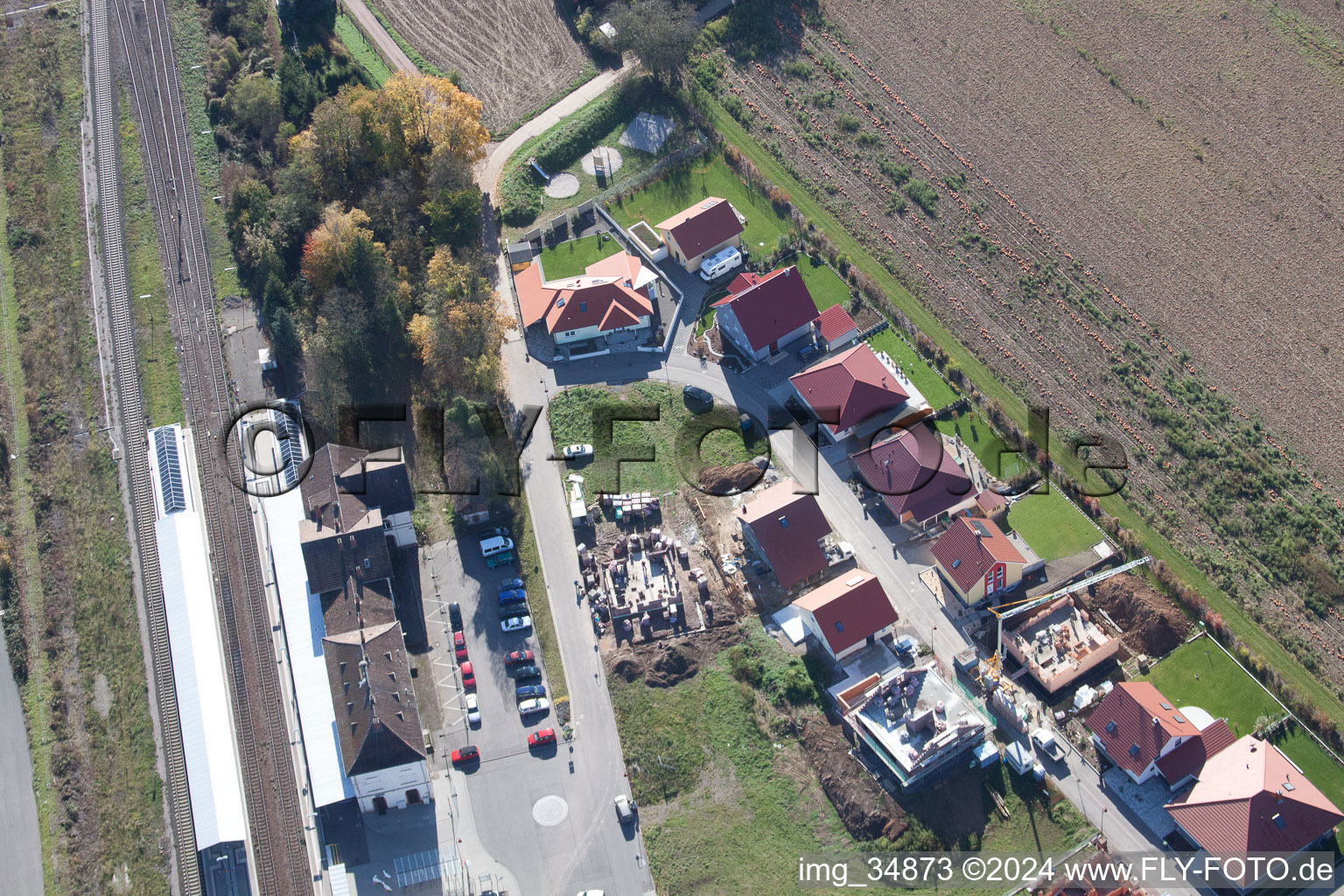 Railroad station in Winden in the state Rhineland-Palatinate, Germany from the plane