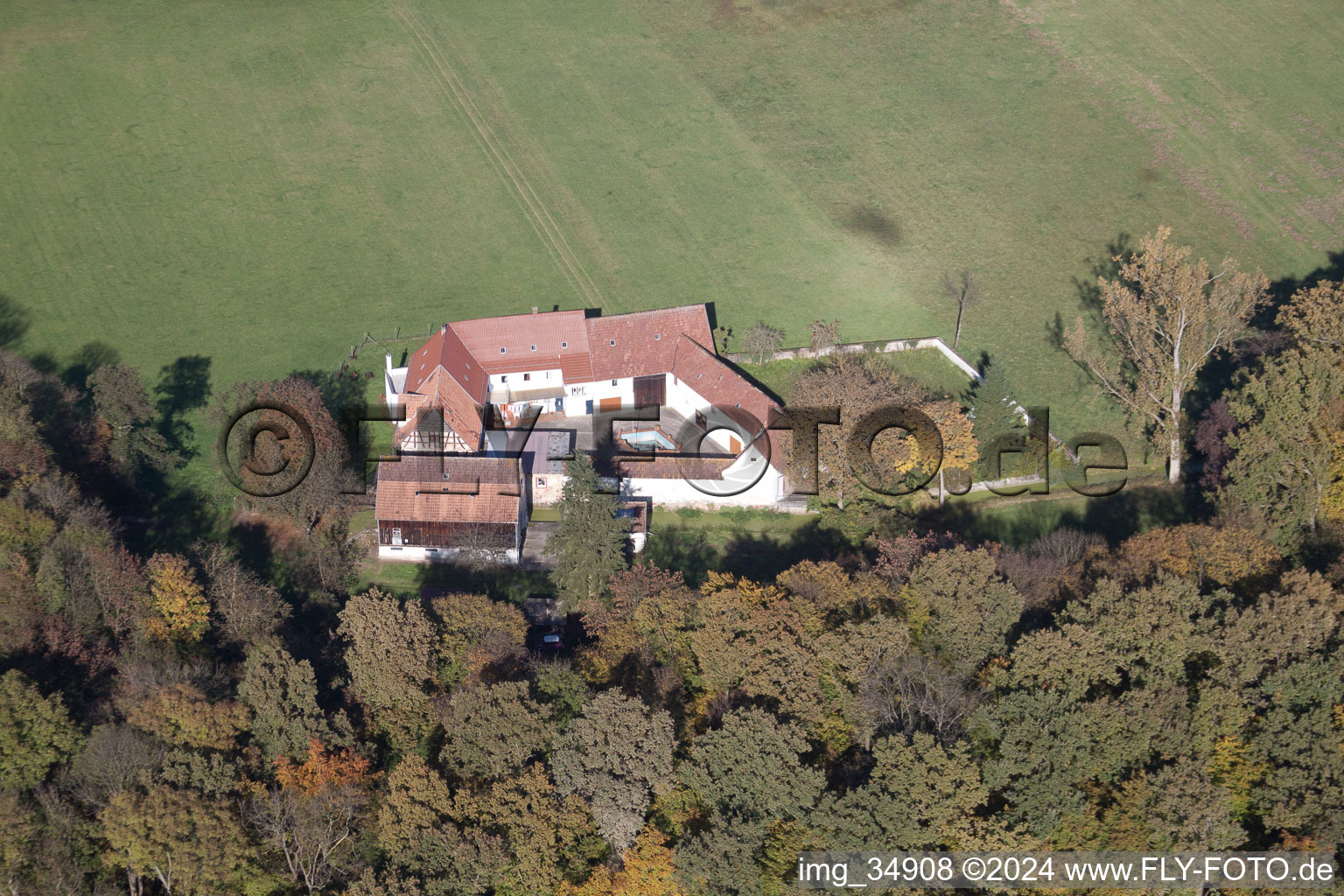 Aerial view of Herrenmühle in Erlenbach bei Kandel in the state Rhineland-Palatinate, Germany