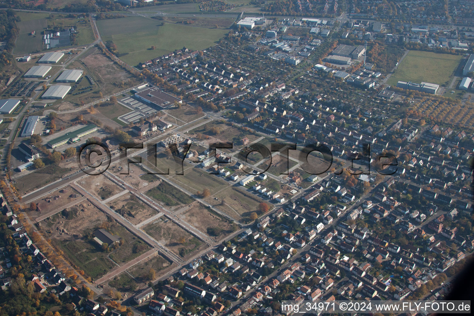 District Knielingen in Karlsruhe in the state Baden-Wuerttemberg, Germany from the plane