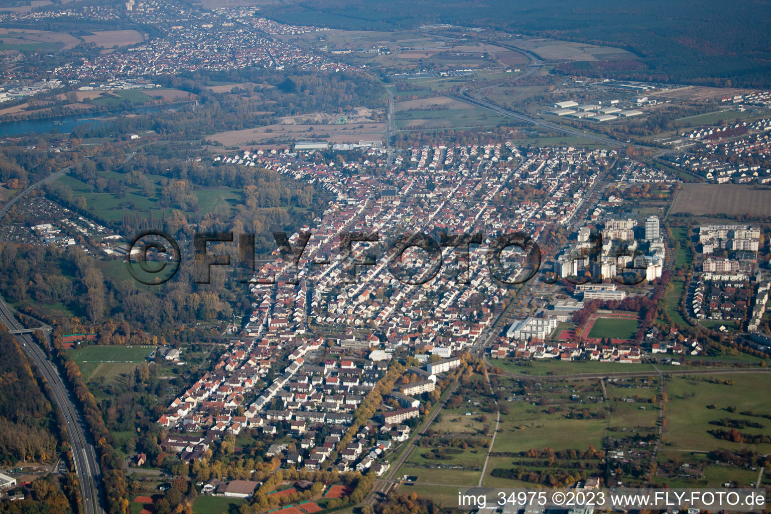 Aerial view of District Neureut in Karlsruhe in the state Baden-Wuerttemberg, Germany