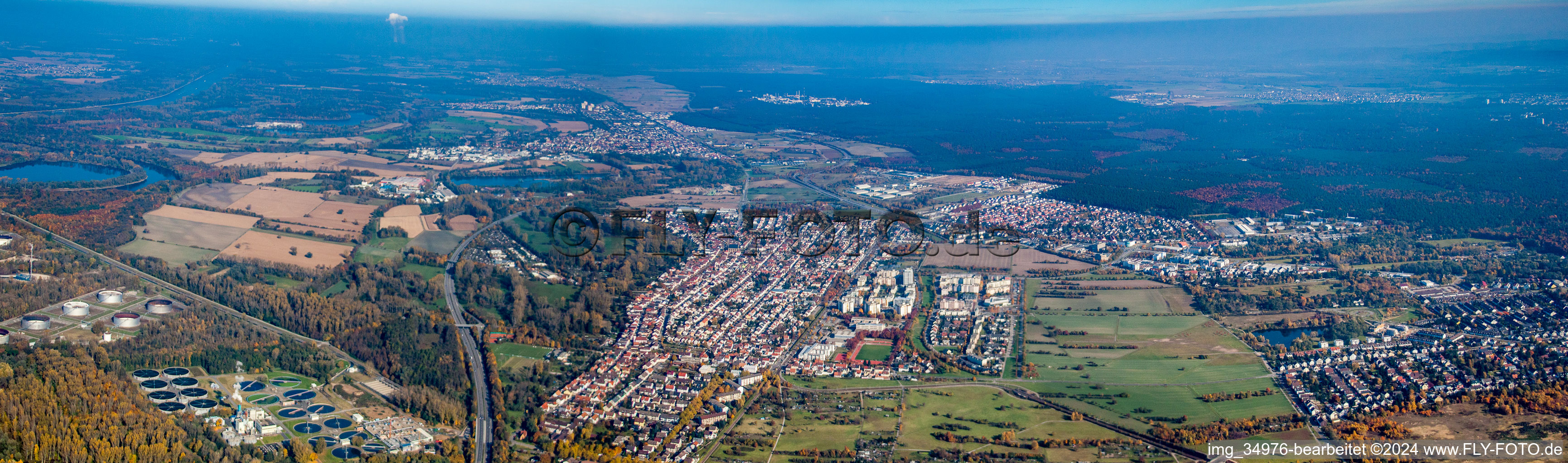 Panoramic perspective Town View of the streets and houses of the residential areas in the district Neureut in Karlsruhe in the state Baden-Wurttemberg, Germany