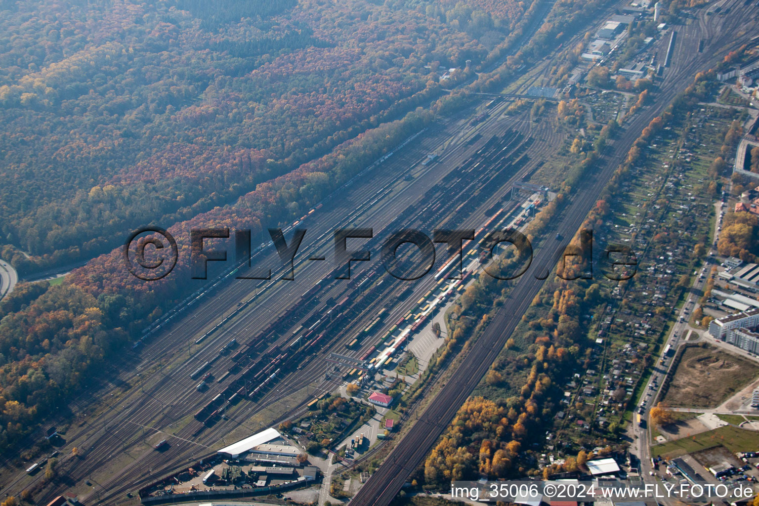 Aerial view of Freight station in the district Südstadt in Karlsruhe in the state Baden-Wuerttemberg, Germany