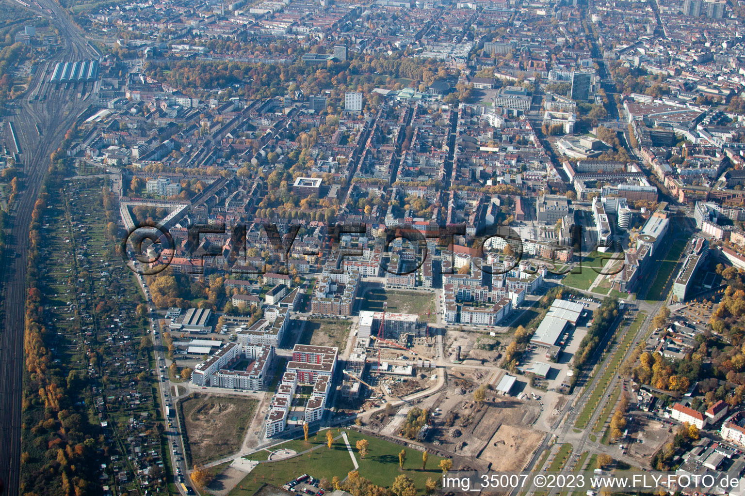 Aerial view of District Südstadt in Karlsruhe in the state Baden-Wuerttemberg, Germany